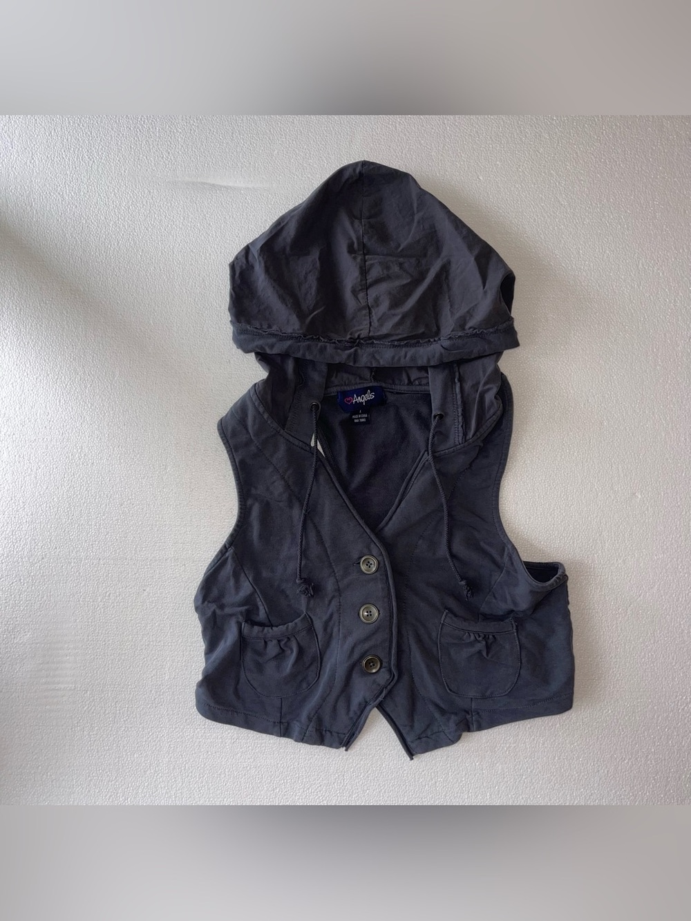 Vintage Angels Sleeveless Gray Button Up Hooded Vest Women’s Size Large Y2K